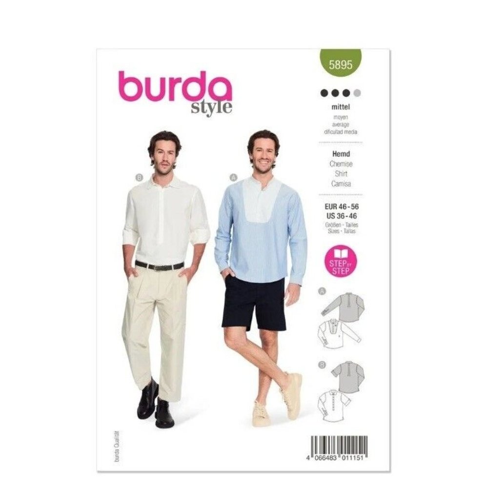 Burda 5895 Mens Shirt Casual Long Sleeve Button Henley Pattern Sizes 36-46 New